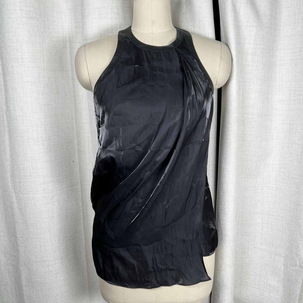 Helmut Lang Sleeveless Black Top Leather Trim Zipper Back Asymmetrical Medium